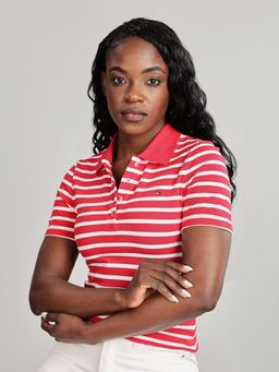 Tommy Hilfiger - Womens Red Striped Slim Polo Shirt