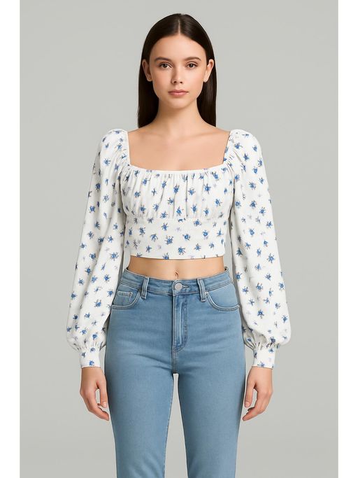 Cider Rib Ditsy Floral Lantern Sleeve Crop Top