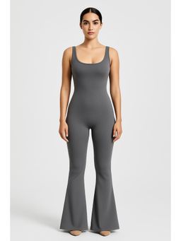 Cider - Grey Square Neck Backless Ruched Flared Jumpsuit