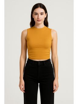 Cider - Orange Round Neckline Solid Sleeveless Ruched Crop Top