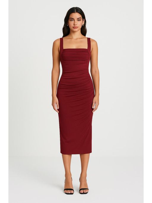 Buy Cider Red Square Neck Ruched Sleeveless Midi Dress (S) Online