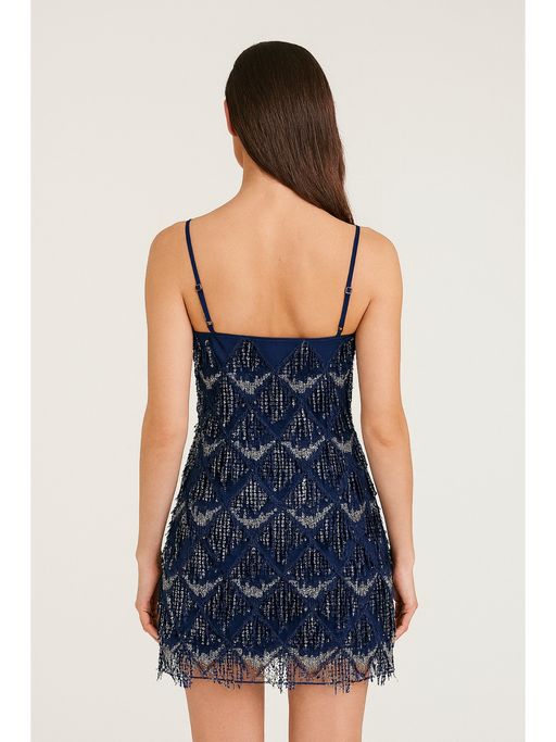 Buy Cider Blue Sequins Square Neck Geometric Tassel Mini Dress (L) Online