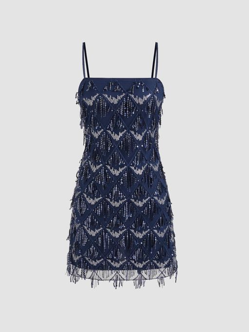 princess polly baby blue dress ASOS DESIGN fringe embellished padded shoulder mini dress in cobalt blue main image 0