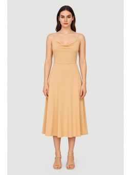 Cider - Khaki Cowl Neck Solid Ruched Midi Dress