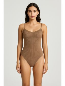 Cider - Brown Shoulder Strap Solid Lace Bodysuit