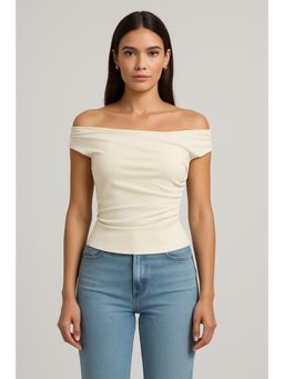 Cider - Beige Off Shoulder Ruched Zipper Crop Top