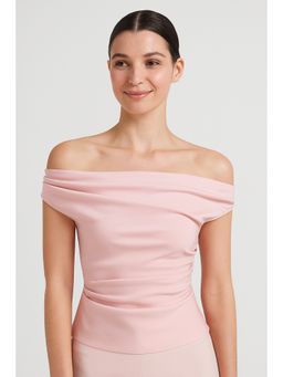 Cider - Pink Off Shoulder Ruched Zipper Crop Top