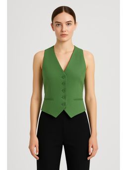 Cider - Green French Riviera Vacation Linen Blend V-Neck Solid Button Waist Coat