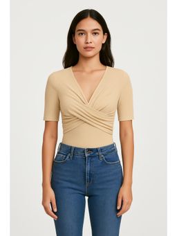 Cider - Khaki Jersey V-Neck Twist Short Sleeve Top