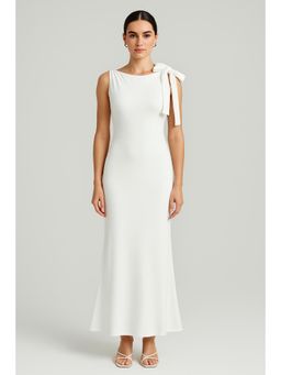 Cider - White Boat Neck Solid Bowknot Maxi Dress