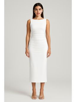 Cider - White Boat Neck Solid Ruched Split Maxi Dress