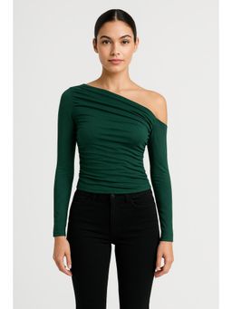 Cider - Green Solid Asymmetrical Neck Long Sleeve Top