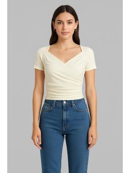 Cider - Beige Jersey Sweetheart Neck Short Sleeve Top