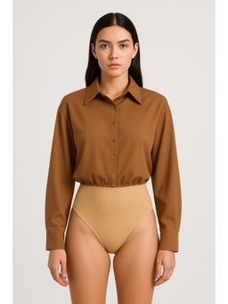 Cider - Brown Collar Solid Long Sleeve Blouse Bodysuit