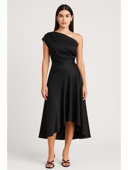 Cider - Black Asymmetrical Boat Neck Ruffle Maxi Dress ()