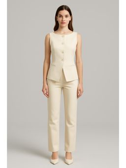 Cider - Beige Woven Boat Neck Solid Button Vest Top