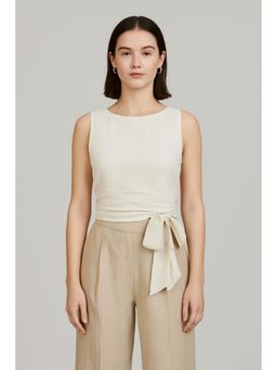 Cider - Beige Linen Blend Solid Knotted Backless Crop Top