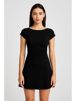Cider - Black Cotton Blend Boat Neck Solid Ruched Mini Dress