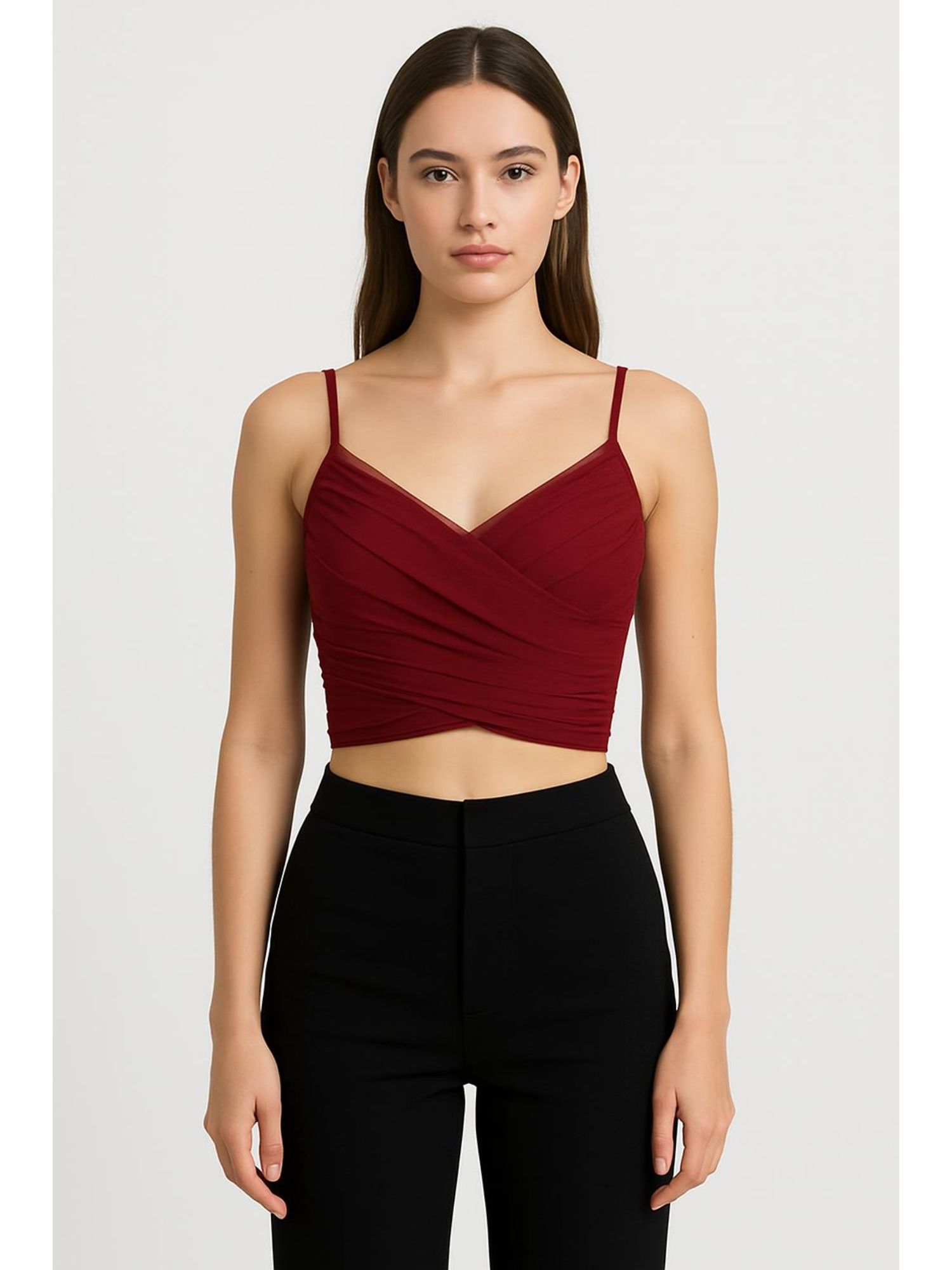 Buy Cider Mesh V-Neck Ruched Crop Top (XXS) Online