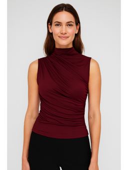 Cider - Asymmetrical High Neck Ruched Crop Top