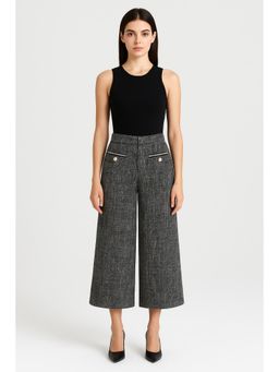 Cider - Tweed Mid Waist Solid Button Wide Leg Trousers