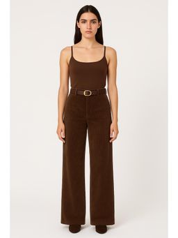 Cider - Corduroy Middle Waist Pocket Straight Leg Trousers with Belt