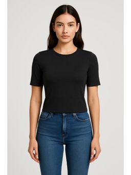 Cider - Cotton-Blend Round Neck Solid Short Sleeve Top Curve & Plus