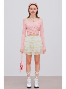 Cider - V-Neck Lace Ruched Long Sleeve Jersey Top