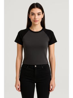 Cider - Cotton-Blend Round Neckline Two Tone Solid Short Sleeve Tee