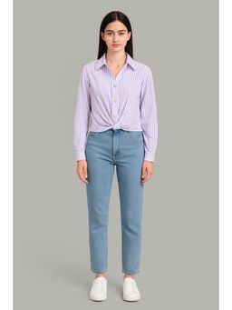 Cider - Cotton-Blend Collar Striped Knotted Roll-Up Long Sleeve Shirt