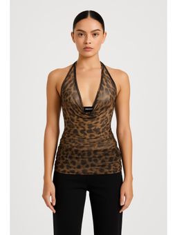 Cider - Mesh Halter Cowl Neck Leopard Ruched Top