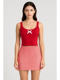 Cider - Square Neck Lace Trim Bowknot Cami Top with Low Rise Gingham Mini Skirt (Set of 2)