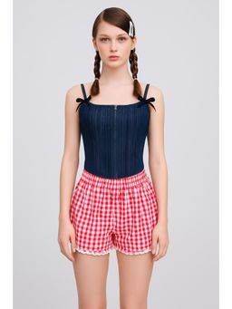 Cider - Denim Square Neck Striped Bowknot Zipper Cami Top