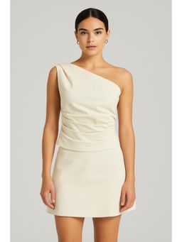 Cider - Cotton-Blend Asymmetrical Neck Solid Ruched Tank Top with Solid Mini Skirt (Set of 2)