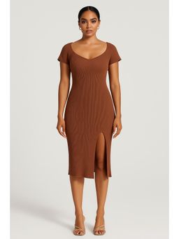 Cider - Knit Rib V-Neck Split Midi Dress Curve & Plus