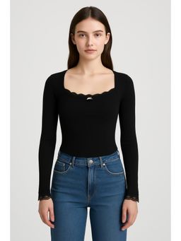 Cider - Solid Lace Trim Square Neck Knitted Tee ()