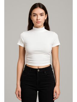Cider - High Neck Short Sleeve Ruched Crop Tee