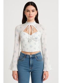 Cider - Floral Ruched Lettuce Trim Long Sleeve Blouse Top