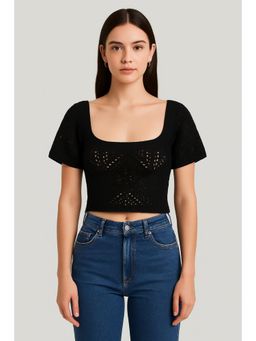 Cider - Knit Square Neck Hollow Out Short Sleeve Crop Top