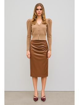 Cider - Faux Leather Mid Waist Ruched Midi Skirt