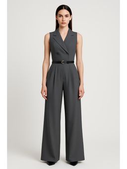 Cider - Collar Solid Button Jumpsuit with Belt (Set of 2)