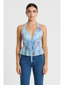 Cider - Halter Neckline Floral Knotted Tank Top