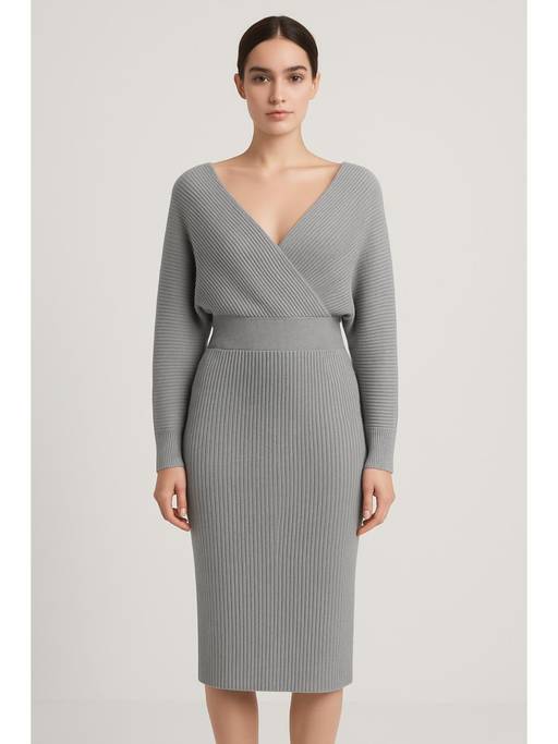 Buy Cider Knit Solid V-neck Midi Dress (XXS) Online