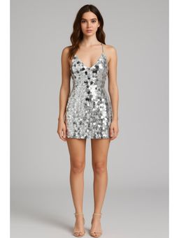 Cider - Sequins U-neckline Criss Cross Mini Dress