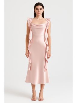 Cider - Satin Cowl Neck Solid Ruffle Hem Maxi Dress