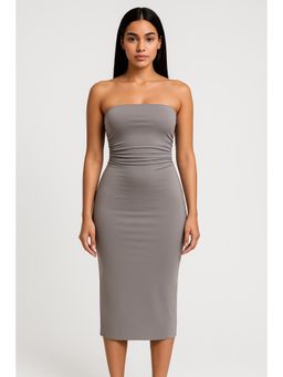 Cider - Contour Double Layered Tube Solid Ruched Midi Dress