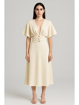 Cider - Linen-blend V-neck Solid Ruffle Ruched Midi Dress