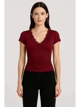 Cider - V-neck Solid Lace Trim Ruched Short Sleeve Tee