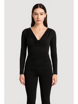 Cider - Cowl Neck Solid Ruched Long Sleeve Tee