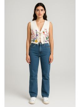 Cider - Knit V-neck Floral Embroidery Tie Front Vest